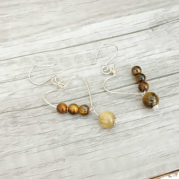 Tigers Eye Gemstone Heart Dangle Earrings, Crystal Jewelry, 2" - Picture 9 of 10